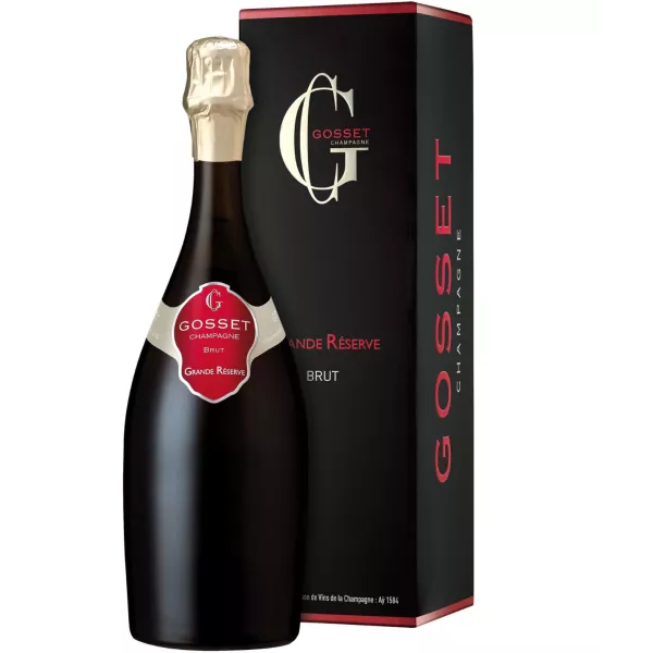 Bottle of Champagne Gosset Grande Réserve Brut Magnum, front view with red label and gold cap