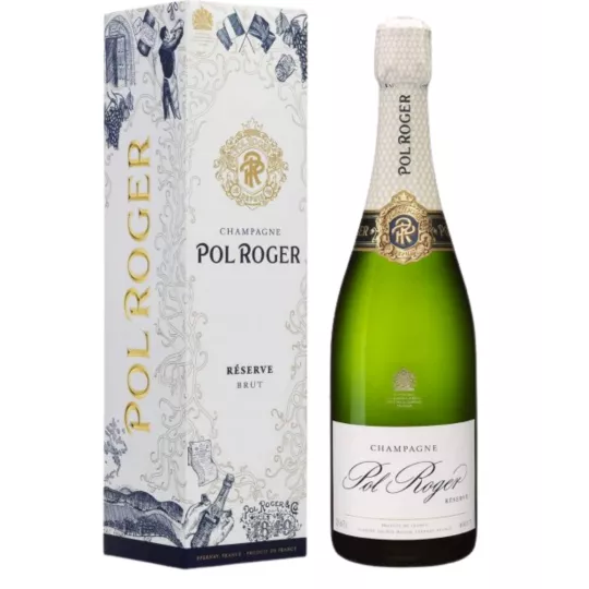 Bottle of Champagne Pol Roger Réserve Brut Magnum 1.5L, white label and gold cap, front view