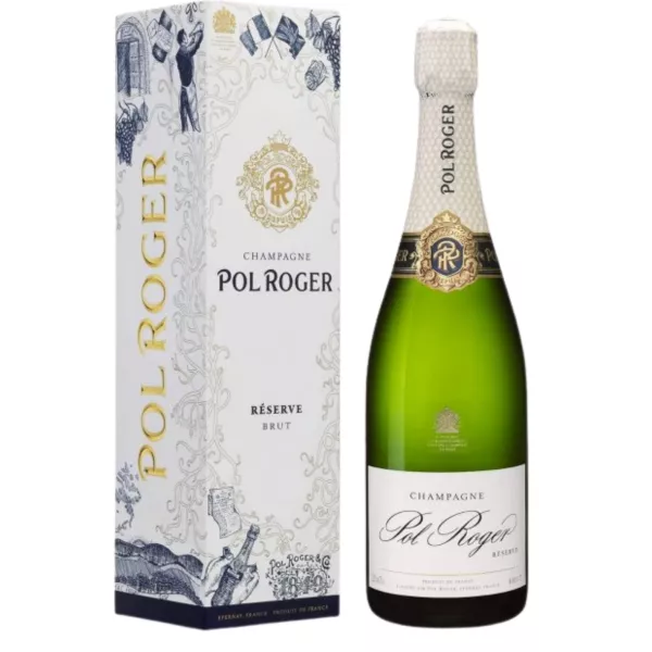 Bottle of Champagne Pol Roger Réserve Brut Magnum 1.5L, white label and gold cap, front view