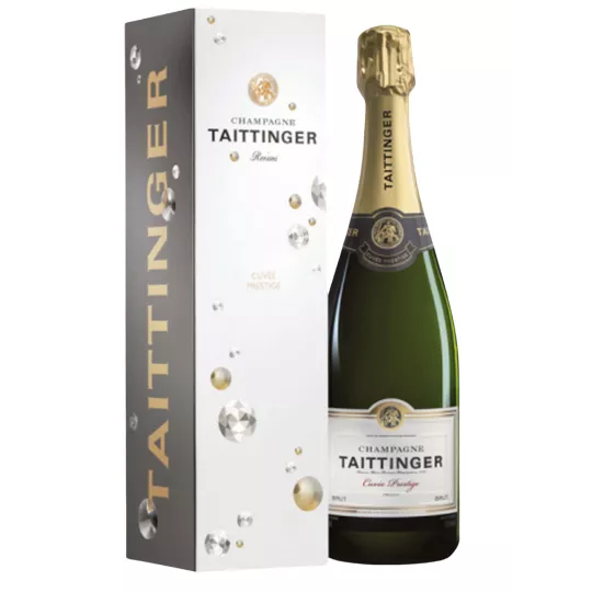 Bottle of Champagne Taittinger Brut Prestige Magnum 1.5L with white and gold label, front view