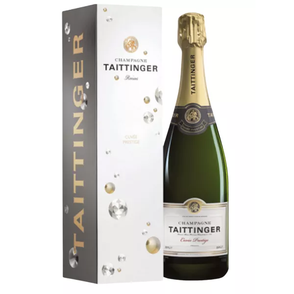 Bottle of Champagne Taittinger Brut Prestige Magnum 1.5L with white and gold label, front view