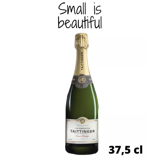 half-bottle of champagne taittinger brut prestige on white background, front view