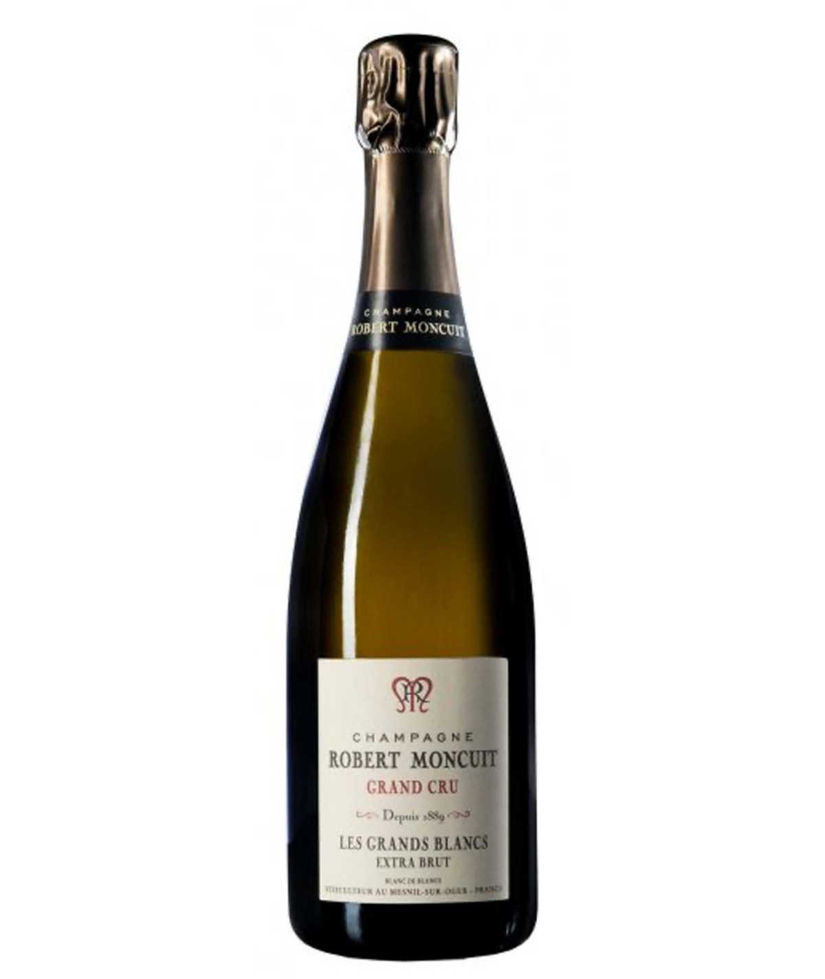 Bottle of Champagne Robert Moncuit Blanc De Blancs with glasses.