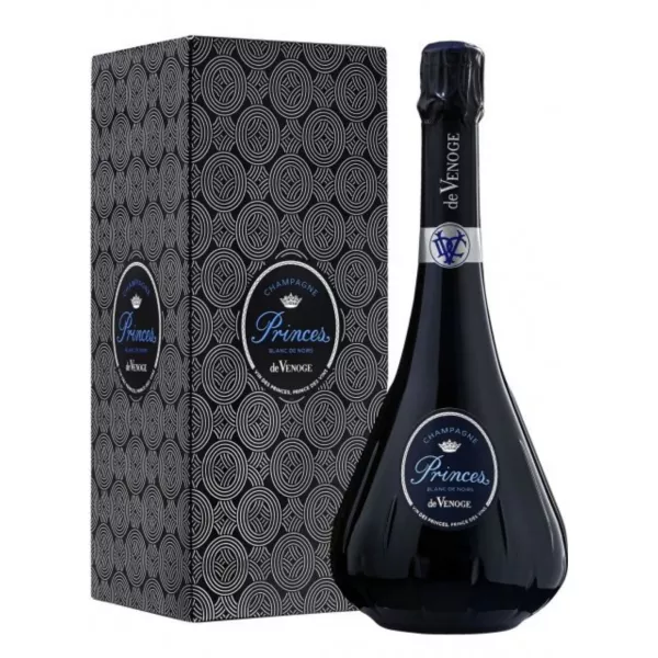 Bottle of Champagne De Venoge Princes Blanc de Noirs in elegant decanter