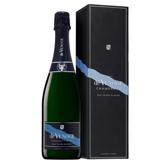 Bottle of Champagne De Venoge Cordon Bleu Blanc de Noirs brut - gourmet cuvée 100% Pinot Noir and Meunier
