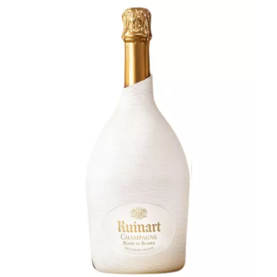 Bottle of Champagne Ruinart Blanc de Blancs with white Seconde Peau case, front view