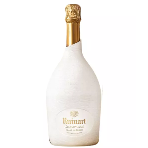 Bottle of Champagne Ruinart Blanc de Blancs with white Seconde Peau case, front view