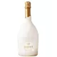 Bottle of Champagne Ruinart Blanc de Blancs with white Seconde Peau case, front view