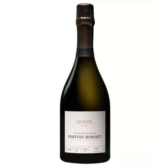 Bottle of Champagne Pertois-Moriset Les Quatre Terroirs Brut Blanc de Blancs Grand Cru on a neutral background