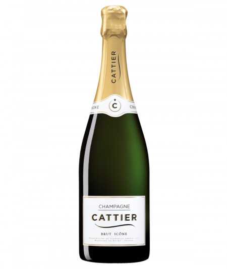 Champagne Cattier Brut Icône Tradition - Elegant bottle with sparkling bubbles.