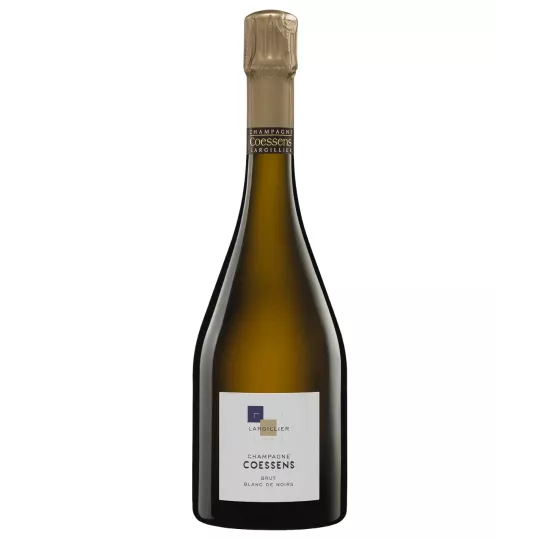 Bottle of Champagne Coessens Brut Blanc de Noirs, front view, white label, gold cap