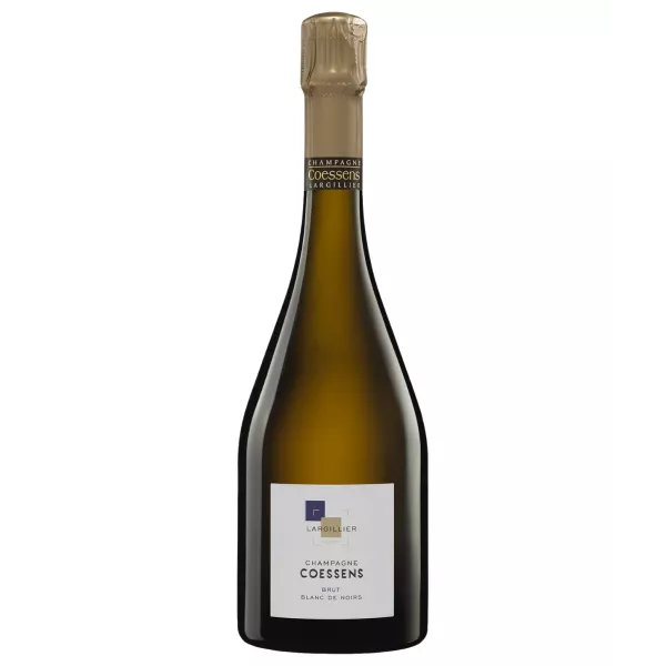 Bottle of Champagne Coessens Brut Blanc de Noirs, front view, white label, gold cap