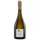 Bottle of Champagne Coessens Brut Blanc de Noirs, front view, white label, gold cap