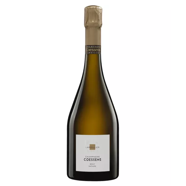 Bottle of Champagne Coessens Brut Nature, Blanc de Noirs, front view