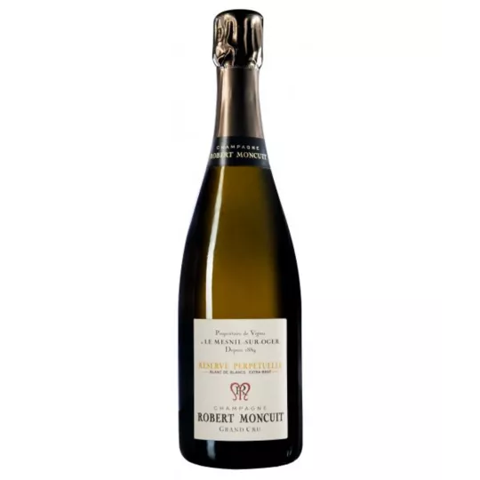 Bottle of Champagne Robert Moncuit Blanc de Blancs Extra-Brut Grand Cru Réserve Perpétuelle, front view