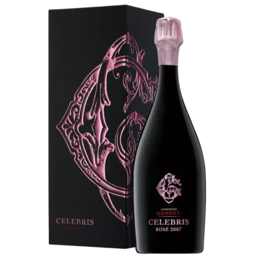 Bottle of Champagne Gosset Célébris Rosé Extra-Brut 2008, front view, black and pink label