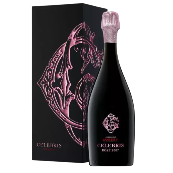 Bottle of Champagne Gosset Célébris Rosé Extra-Brut 2008, front view, black and pink label